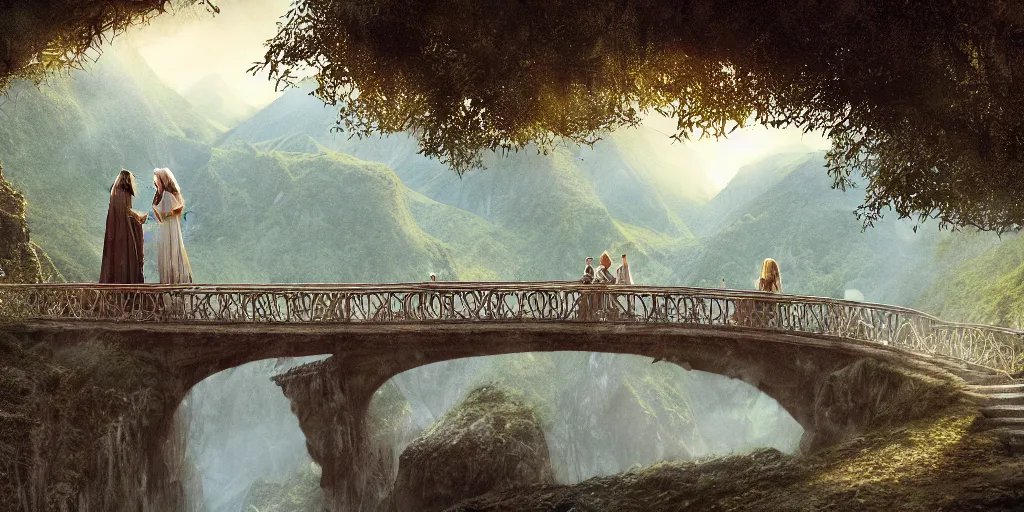 Image similar to , Arwen and Aragorn having a romantic moment on the bridge at Rivendell, evening, detailed matte painting, cinematic, Alan Lee, Artstation