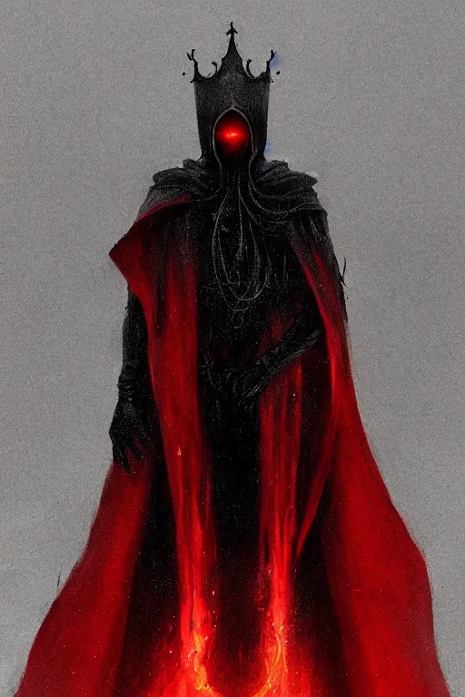 Prompt: A full body portrait of a mysterious character with no face with a very long hooded blood red and black cloak, a blazing crown floating above his head tentacles coming out the ground art by James Paick, and Shaddy Safadi, ominous, cosmic horror, trending on artstation, Ultra detailed, hyper realistic 4k