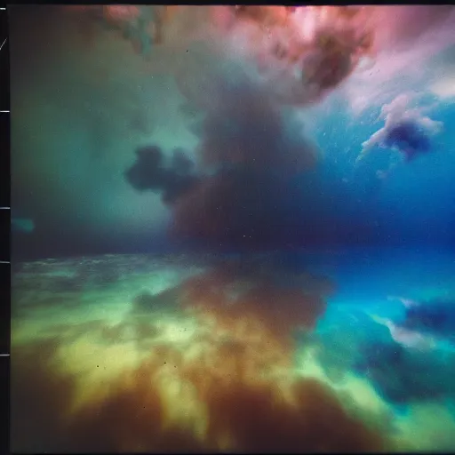 Image similar to film photography of a wooden space station in front of colourful underwater clouds by Kim Keever, low shutter speed, 35mm