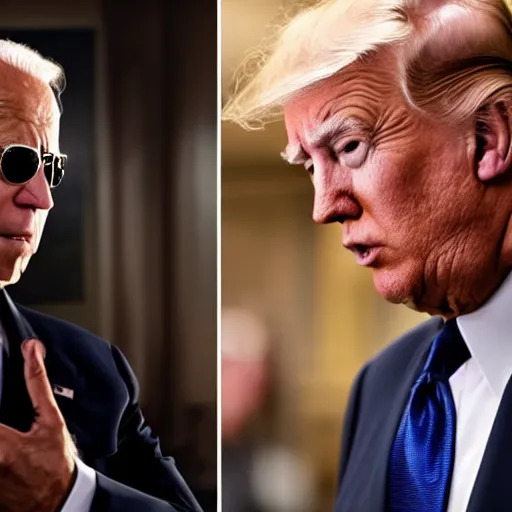 Image similar to joe biden is a terminator shooting donald trump, cinematic, establishing shot, extremly high detail, photorealistic, cinematic lighting, style by James Gurney