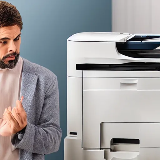 Image similar to a man staring at a printer, hyper realistic, very detailed.