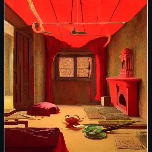 Image similar to a red-opium den in the ornate indian village by Raphael, Hopper, and Rene Magritte. detailed, romantic, enchanting, trending on artstation.