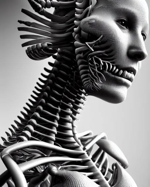 Image similar to raw bw 3 d redshift render biomechanical intricate spinal ribbed organic body detail of mechanical female vegetal - cyborg, beautiful insanely detailed, digital art, octane render, 8 k artistic photography, photo - realistic, unreal engine