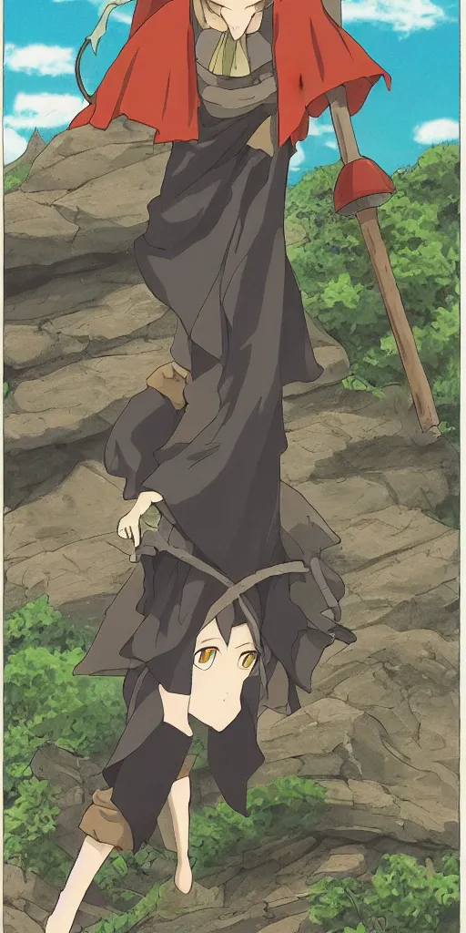 Image similar to a hermit on a mountain with a lamp drawn like Watamote anime, full color, tarot card The hermit,