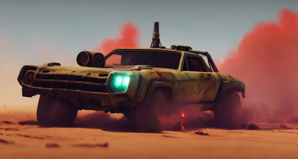Image similar to macro closeup photo of combat teslatruck being chased in a post apocalyptic fallout 4 desert, 3 pm, smoke, dust, embers, mad max, action, speed, rocket league, volumetric lighting, hdr, need for speed, gta 5, ridley scott, syd mead, craig mullins, cinematic, fast and furious, blade runner, octane, 8 k