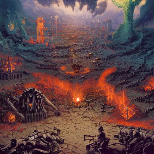 Prompt: a barren hellscape populated by demons, illustrated by thomas kinkade and wayne douglas barlowe