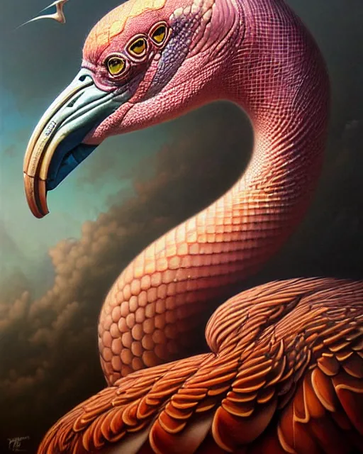 Image similar to a detailed portrait of dreampunk flamingo python hybrid mix goddess by tomasz alen kopera and peter mohrbacher