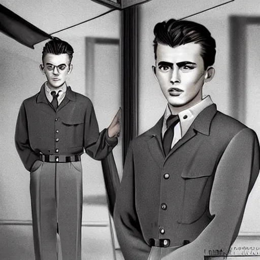 Image similar to a highly detailed epic cinematic concept art CG render digital painting artwork costume design: young James Dean as a well-kept neat perfect formal student in a 1950s USSR school uniform. By Mandy Jurgens, Lim Chuan Shin, Simon Cowell, Barret Frymire, Dan Volbert, Beeple, Butcher Billy, David Villegas, Irina French, Heraldo Ortega, Rachel Walpole, Jeszika Le Vye, trending on ArtStation, excellent composition, cinematic atmosphere, dynamic dramatic cinematic lighting, aesthetic, very inspirational, arthouse