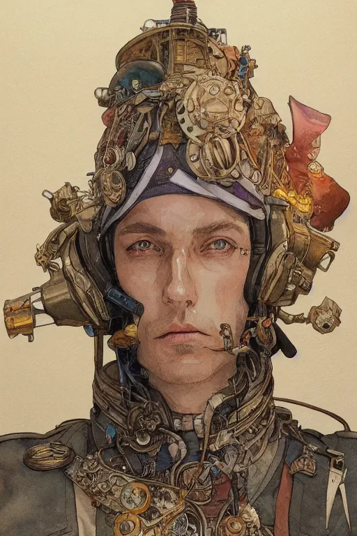 Image similar to zoomed out portrait of a german duke, stylized illustration by yoshitaka amano and moebius, watercolor gouache detailed paintings, mucha vibe, dieselpunk, solarpunk, artstation