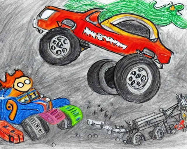 Image similar to A monster truck runs over a man, drawing by a 6 year old child