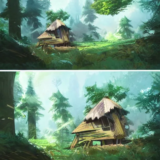 Prompt: concept art painting of treehouses made out of trees, trees with doors and windows in a deep forest, realistic, detailed, cel shaded, in the style of makoto shinkai and greg rutkowski and james gurney