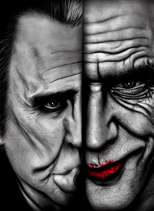 Prompt: photo of Nicolas Cage as the Joker by Lee Jeffries, smiling, detailed, award winning, Sony a7R