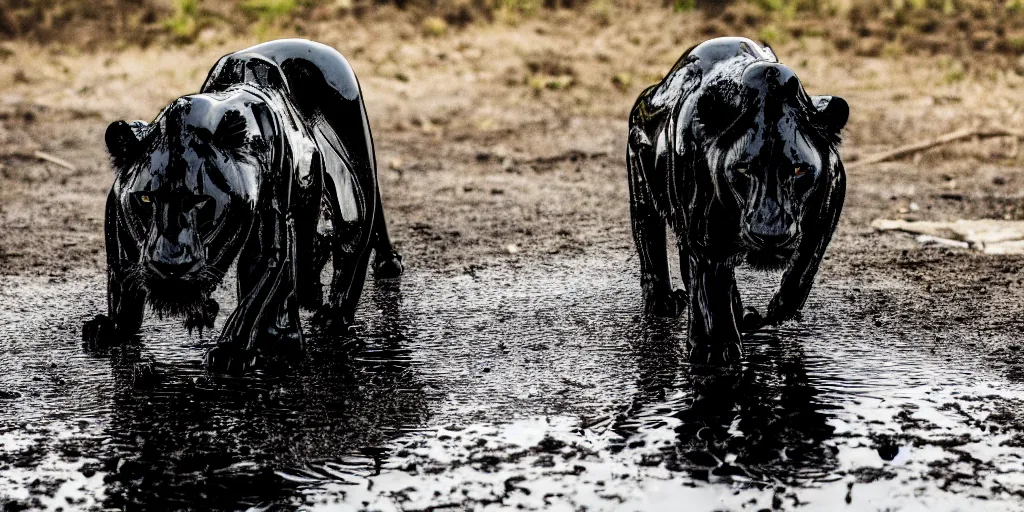 Prompt: the black lioness made of ferrofluid, dripping tar, drooling ferrofluid, crawling out of the air vent. dslr, photography, animal photography, goo, reflections, sticky, melting