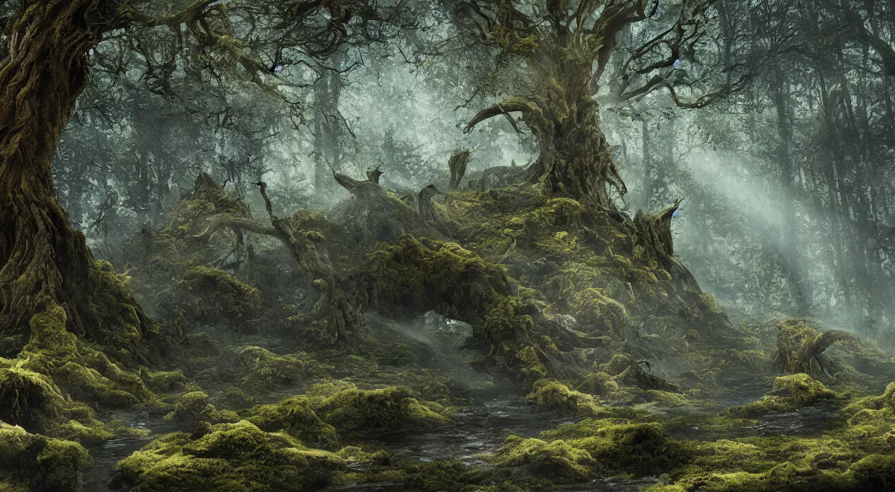 Image similar to 65-year-old moss-covered Gaia, crying one single tear, facing the camera and sitting on a dried up river in a desolate land, dead trees, blue sky, hot and sunny, highly-detailed, elegant, dramatic lighting, artstation, 4k, cinematic landscape, photograph by Elisabeth Gadd