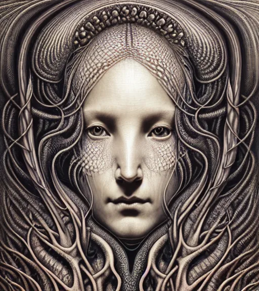 Image similar to detailed realistic beautiful shark goddess face portrait by jean delville, gustave dore, iris van herpen and marco mazzoni, art forms of nature by ernst haeckel, art nouveau, symbolist, visionary, gothic, neo - gothic, pre - raphaelite, fractal lace, intricate alien botanicals, ai biodiversity, surreality, hyperdetailed ultrasharp octane render