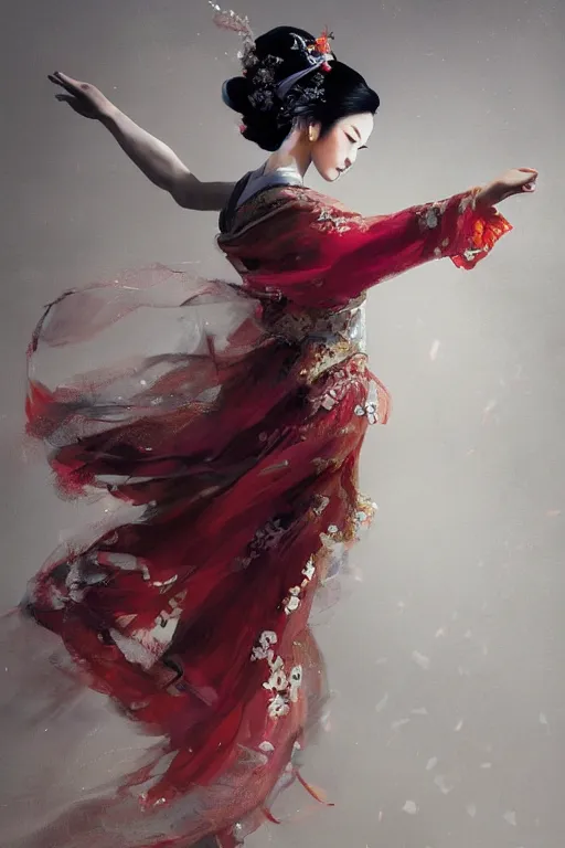 Prompt: geisha prima ballerina dancing in the wind, intricate, elegant, volumetric lighting, digital painting, highly detailed, artstation, sharp focus, illustration, concept art, ruan jia, steve mccurry