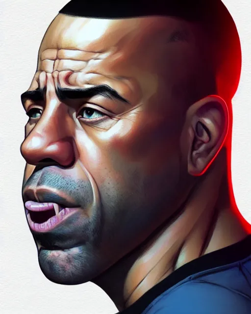 Image similar to character concept art of joe rogan in the movie training day, key visual, realistic shaded perfect face, fine details by stanley artgerm lau, wlop, rossdraws, james jean, andrei riabovitchev, marc simonetti, and sakimichan, trending on artstation