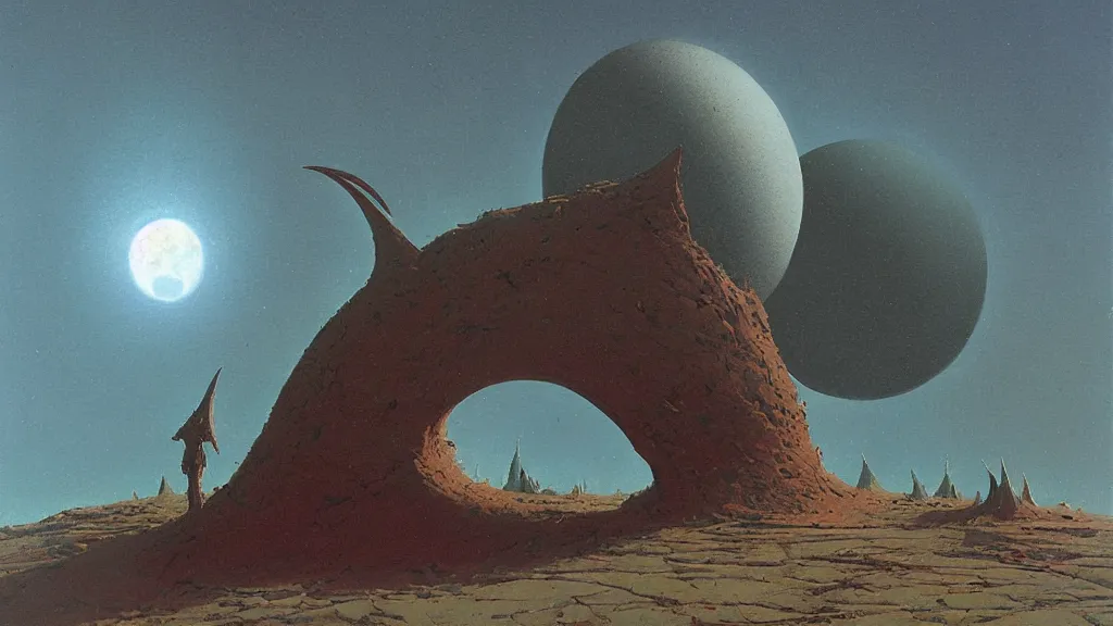Image similar to mysterious whimsical sculpture of an alien crescent moon by paul lehr and john schoenherr and john harris, cinematic matte painting