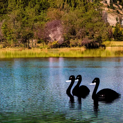 Prompt: photo of two black swans touching heads making a heart with their necks, in a beautiful reflective mountain lake, a colorful hot air balloon is reflecting off the water