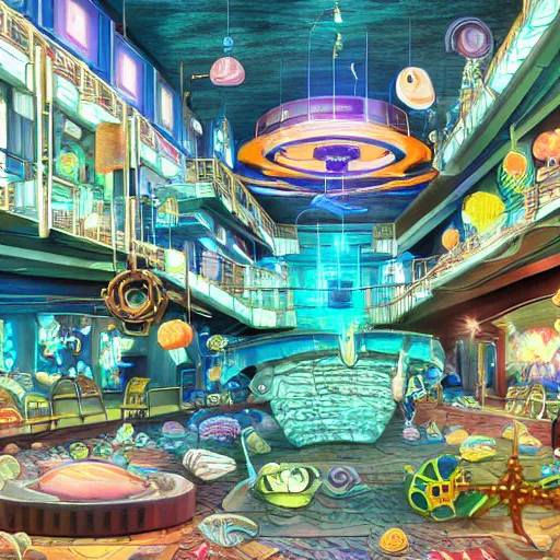 Prompt: undersea shopping center built from various sea shells, sea weed, light diffraction, steampunk, cyberpunk, warm lights, anime, vhs distortion