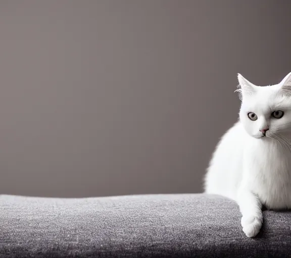 Prompt: a cute white oriental short-haired cat standing on comfy black and white pillows, photograph, 4k, HD