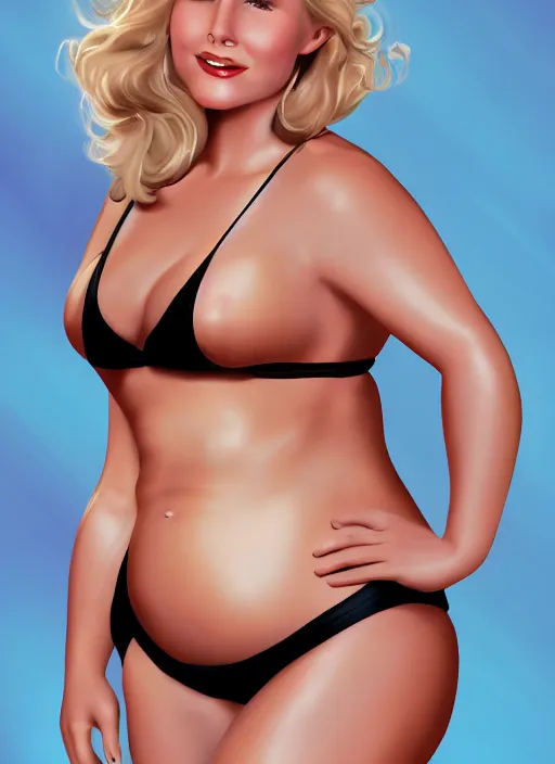 Image similar to pin - up of thick chubby curvy kristen bell in a bikini with a round chubby belly, digital art, highly detailed, 8 k, trendingonartstation