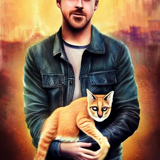 Image similar to Ryan Gosling holds a caracal cat in his hands against the backdrop of the Eiffel Tower, ultra highly detailed, smooth, sharp focus, digital art, digital painting, fan art, elegant, artstation