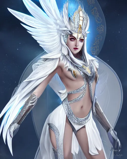 Image similar to perfect white haired egyptian goddess wearing white dove wings, warframe armor, regal, attractive, ornate, sultry, beautiful, dreamy, half asian, pretty face, blue eyes, detailed, scifi platform, 4 k, ultra realistic, epic lighting, android body, illuminated, cinematic, masterpiece, art by akihito tsukushi, voidstar, artgerm