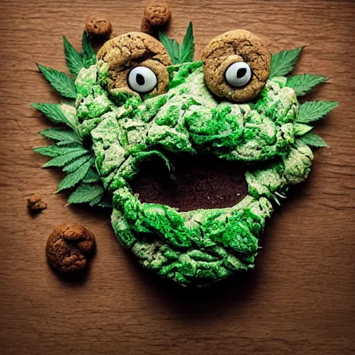 Image similar to cookie monsta made of weed buds eating a cookie photography portrait trichome monster stylised jonathan zawada soft lighting