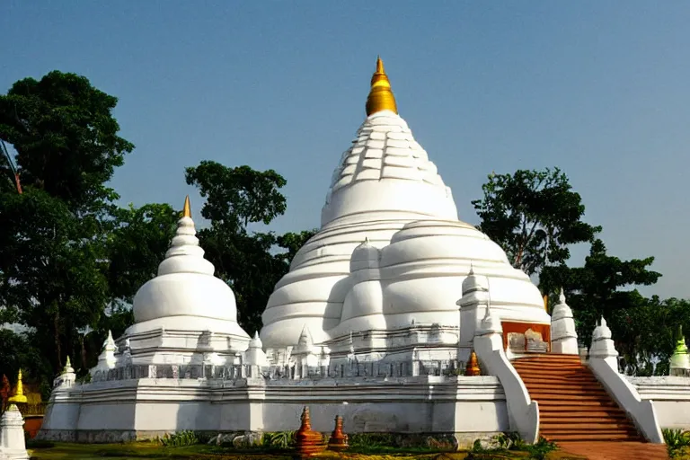 Image similar to sri lankan temple with white stupa, drawn by hayao miyazaki