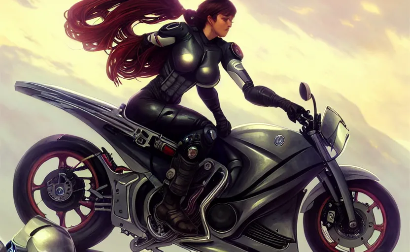 Image similar to Police female riding yamaha motorcycle, sci-fi, highly detailed, digital painting, artstation, concept art, smooth, sharp focus, illustration, art by artgerm and greg rutkowski and alphonse mucha