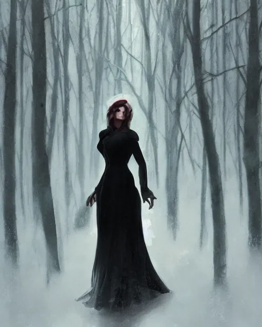 Image similar to elsa portrait, winter, somber, sad, black dress, low light, foggy at dawn, sunlight visible through tree leaves, misty, magic, atmospheric art by artgerm and greg rutkowski and alphonse mucha and by artgerm, by studio muti, greg rutkowski makoto shinkai takashi takeuchi,