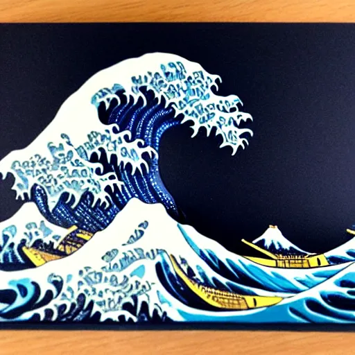 Image similar to a diorama of a wave on a table in the style of The Great Wave off Kanagawa