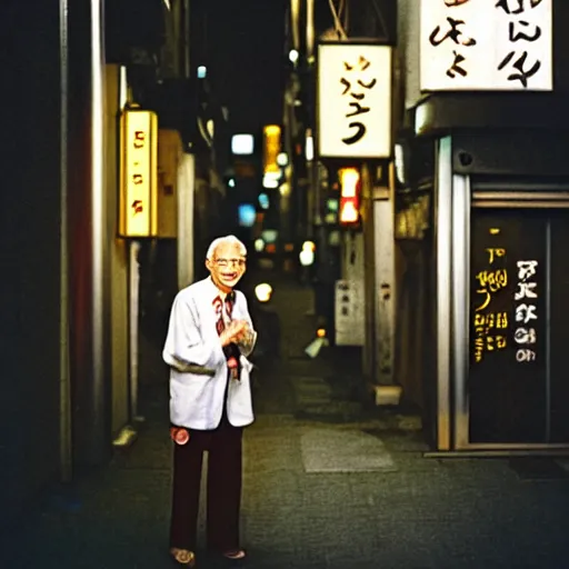 Prompt: old man in tokyo at night, wearing gold chain, gold rings, cinestill 8 0 0,