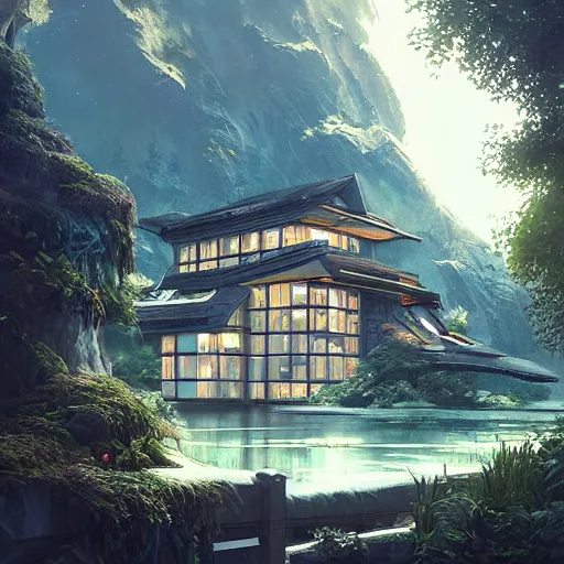 Prompt: highly detailed futuristic house design by kengo kuma, unreal engine, fantasy art by greg rutkowski, loish, rhads, ferdinand knab, makoto shinkai and lois van baarle, ilya kuvshinov, rossdraws, tom bagshaw, global illumination, radiant light, detailed and intricate environment