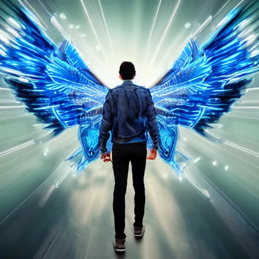 Image similar to young man from behind with wings of pure blue energy coming out of his back flying off into a cyberpunk city, highly detailed, realistic, symmetrical face, art by digital painting,