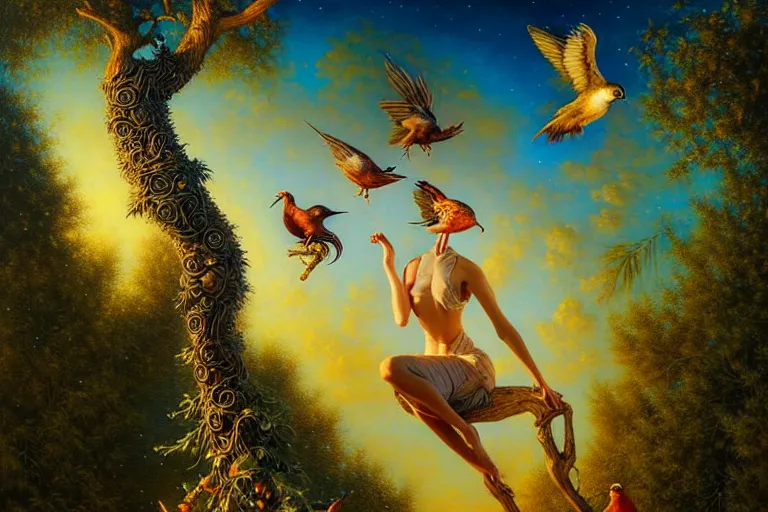 Prompt: oil painting, female playing the harph while birds are listening on the tree surreal, ultra realistic, wide angle, intricate details, artifacts, luminous skies, highly detailed, michael cheval, peter mohrbacher, boris vallejo, jessica rossier, oil painting, highly detailed, cinematic lighting