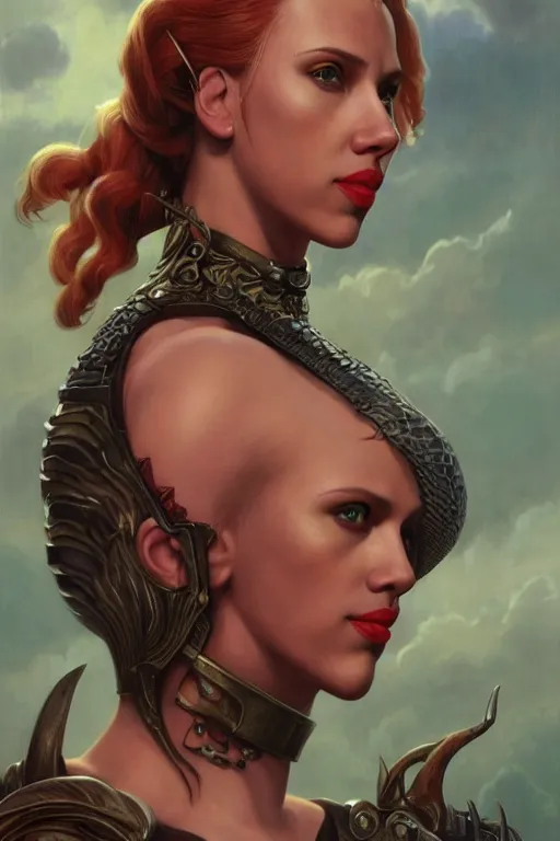 Image similar to A fantasy comic book style portrait painting of Scarlett Johansson as an Atlantean Reptilian Warrior, Mystical Valkyrie, unreal 5, DAZ, hyperrealistic, octane render, Regal, Refined, Detailed Digital Art, RPG portrait, William-Adolphe Bouguereau, Michael Cheval, Walt Disney (1937), François Boucher, Oil Painting, Steampunk, dynamic lighting, Highly Detailed, Cinematic Lighting, Unreal Engine, 8k, HD