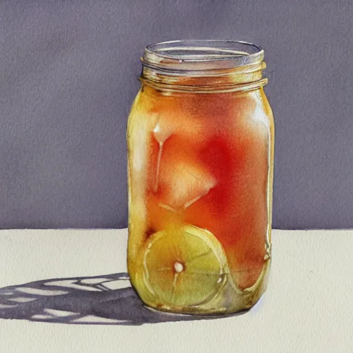 Image similar to Ice Tea in a mason jar, Watercolor, photorealistic, high resolution, award winning, trending on artstation