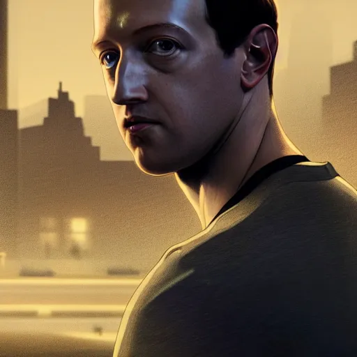 Image similar to imposing, ominous portrait of Mark Zuckerberg as a grand theft auto 5 loading screen, symmetry, front view, intricate, studio, art by anthony macbain + greg rutkowski + alphonse mucha, concept art, 4k, sharp focus