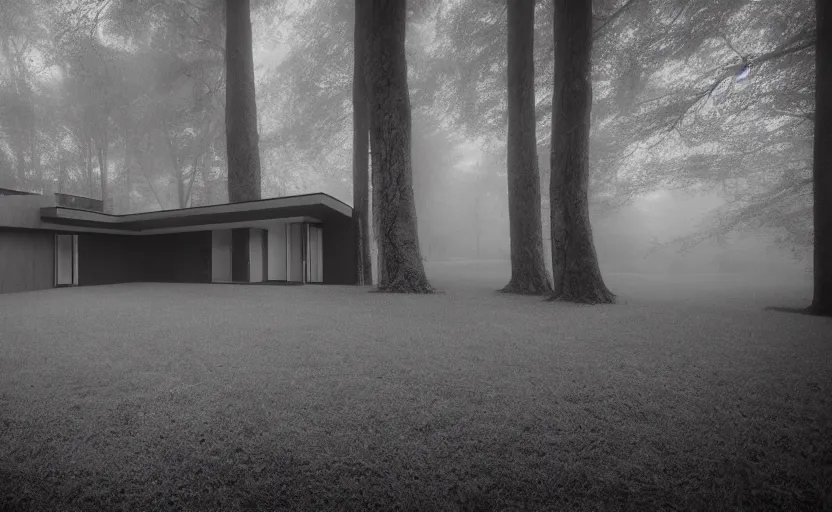 Prompt: modern private house from the future in the misty wood, pale light, pinhole camera effect, lomography effect, analogue photo quality, monochrome, blur, unfocus