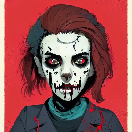 Prompt: Highly detailed portrait of a latino punk zombie young lady by Atey Ghailan, by Loish, by Bryan Lee O'Malley, by Cliff Chiang, inspired by iZombie, inspired by graphic novel cover art !!!red, brown, black and white color scheme ((dark blue moody background))