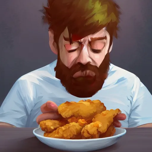 Image similar to sad man with crying eyes eating fried chicken, digital painting, artstation, rule of thirds