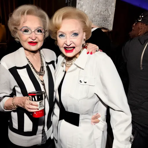 Image similar to betty white drinking white claw with miley cyrus and black widow