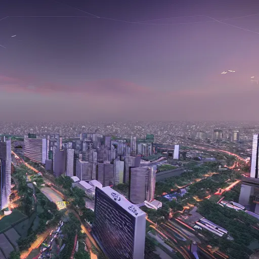 Prompt: 3 d rendering of the city of jakarta rendered with an unreal engine, the image is refined with uhd, yellowish light, and also its beauty is like the real world