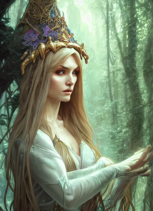 Image similar to portrait of a fantasy elf female sorceress queen with long hair flowing in an ancient forest filled with magic, highly detailed, digital painting, artstation, smooth, sharp focus, illustration, art by artgerm and greg rutkowski and alphonse mucha, fine face