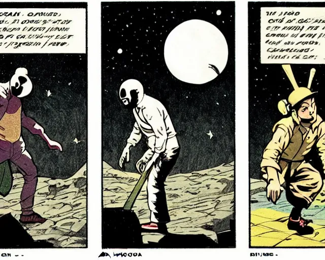 Image similar to three panels from a 1 9 3 0's comic book showing a cellphone, in front of a big moon, illustration, wide shot, muted colors, post grunge, concept art by josan gonzales and wlop, david rubin, mike mignola, laurie greasley, highly detailed, sharp focus, trending on artstation, hq, deviantart, art by artgem