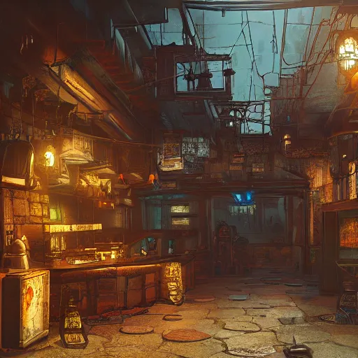 Image similar to ultra mega super hyper realistic Digital concept art of Cyberpunk tavern mixed with medieval style. Natural sunlight. Rendered in VRAY and DaVinci Resolve and MAXWELL and LUMION 3D, Volumetric natural light