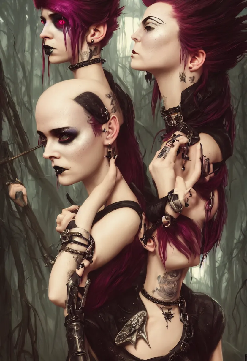 Image similar to beautiful very extreme closeup portrait, reflection in mirrors, goth girl, piercings collar, mohawk hairstyle, medieval dress. witch, makeup. unreal engine, greg rutkowski, loish, rhads, beeple, tom bagshaw, alphonse mucha, global illumination, detailed and intricate environment