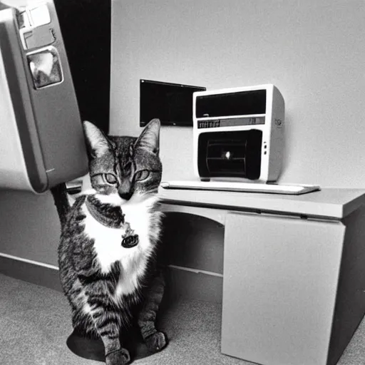 Prompt: a 80s Polaroid of a cat with a suit working at a Macintosh computer inside an office